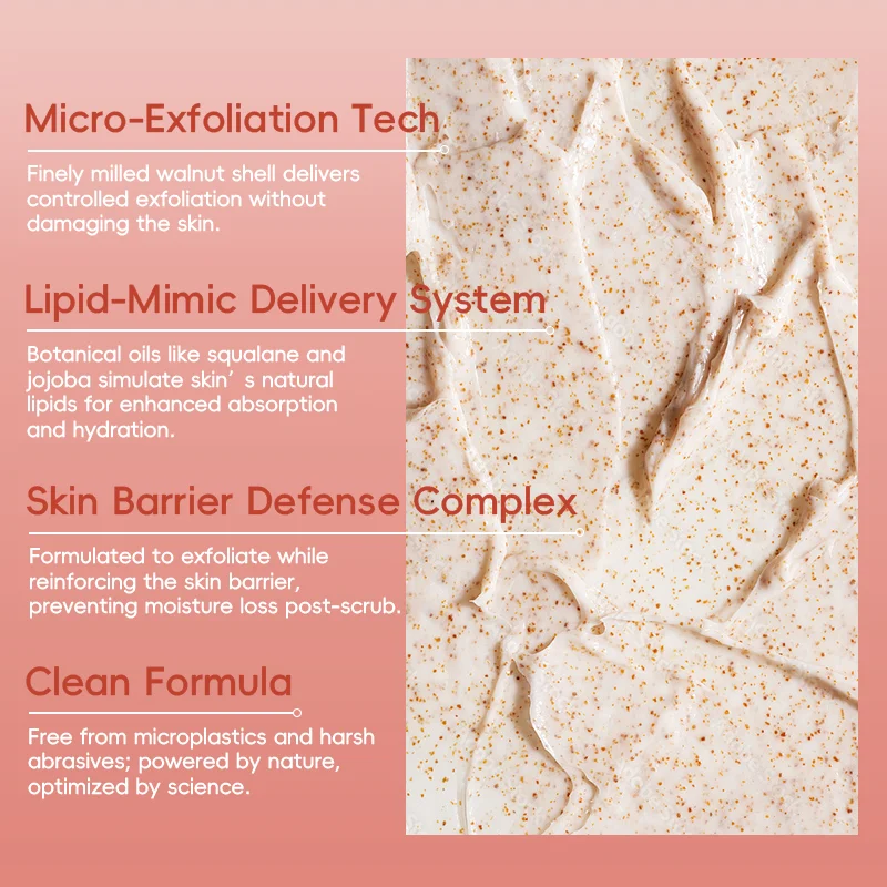 Close-up of an exfoliating cream with walnut shells, showcasing ingredients like squalane and jojoba oils on a textured background.